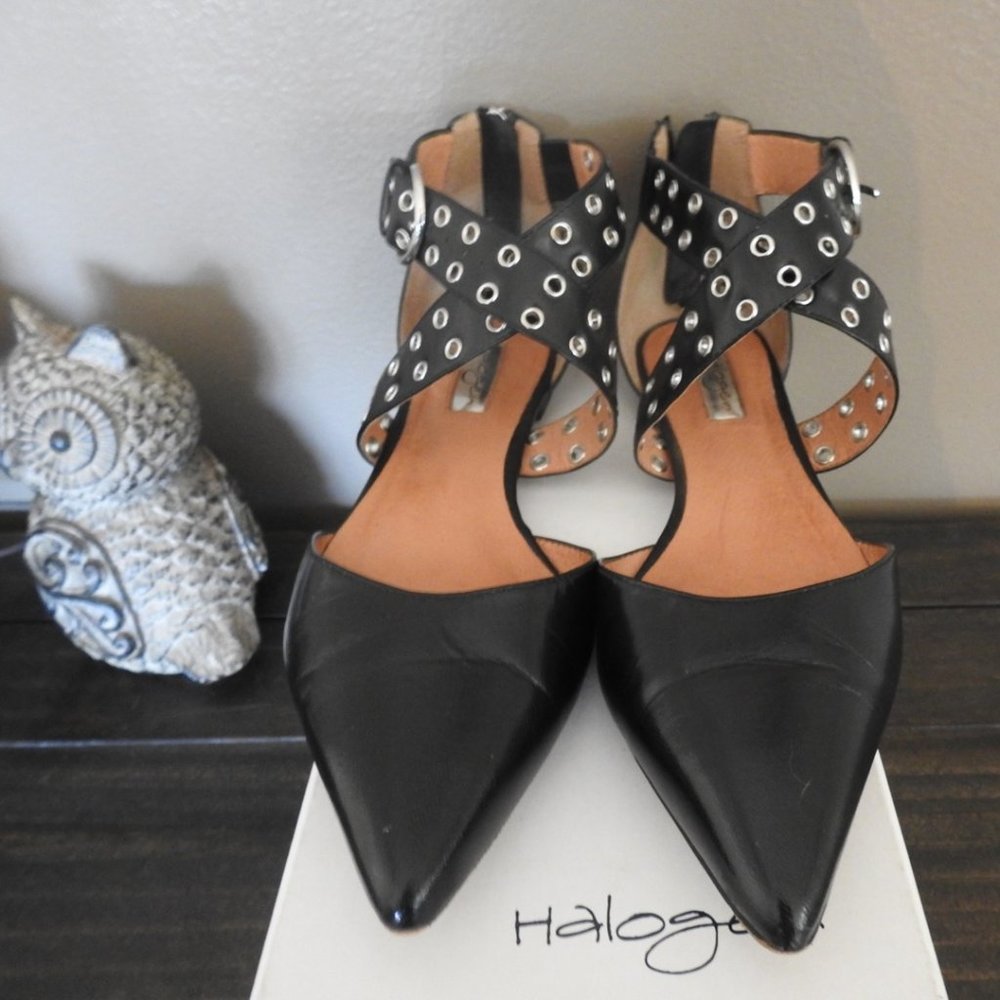 Halogen Molly Black Leather Pointy Toe Flats